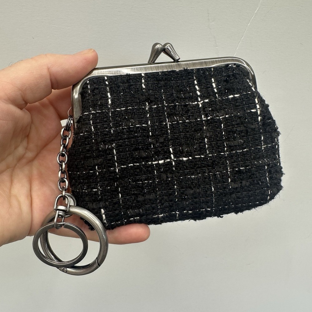 Patricia Nash BORSE Metallic Fabric black white Kisslock Coin Purse Key Fob